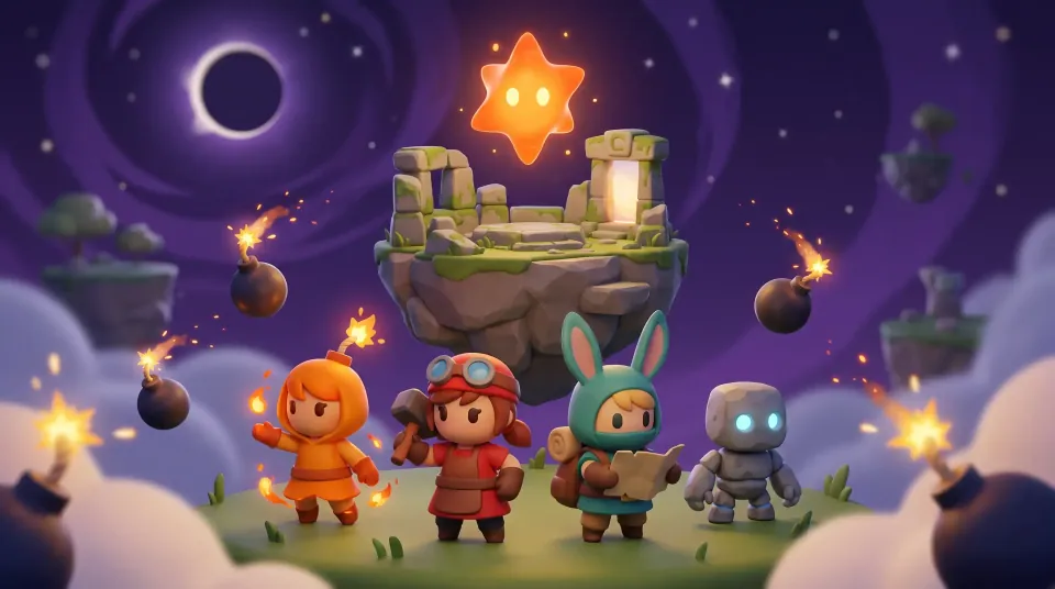 Arte-chave de BOMBARIA: quatro personagens diante de ruínas flutuantes, com bombas acesas e um céu estrelado.
