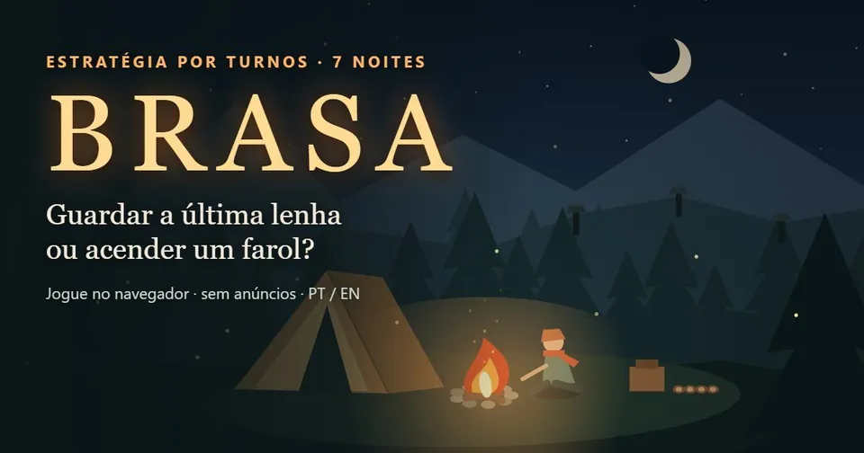 Arte de BRASA — 7 Noites: uma pessoa acampada ao lado de uma fogueira na floresta, sob a lua, com o título do jogo.