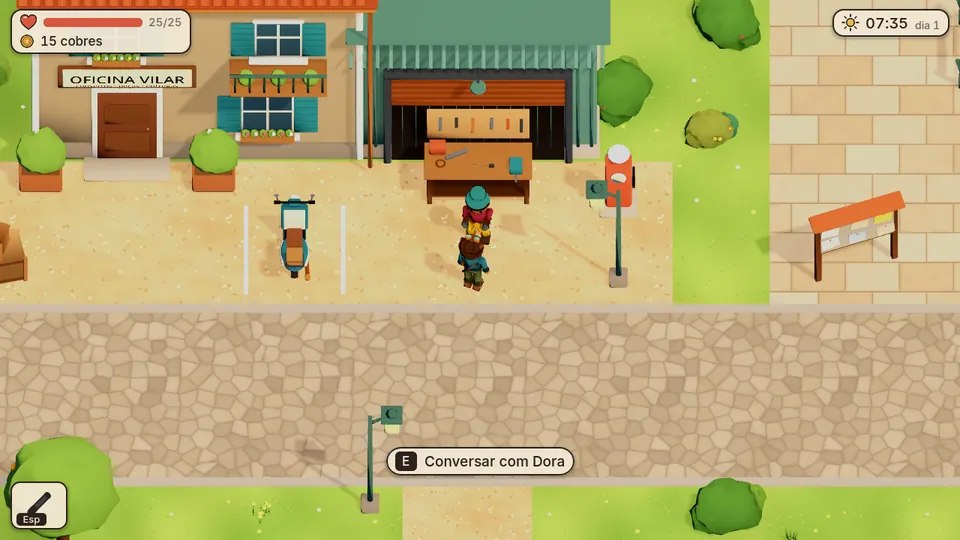 Captura de desenvolvimento: Ari e Dora diante da Oficina Vilar, com a motoneta estacionada, vistos de cima.