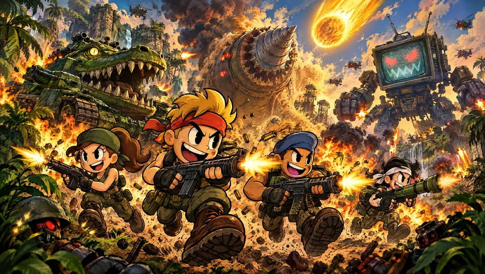 Arte-chave de STEEL HOUNDS: quatro soldados em disparada pela selva, com explosões e máquinas inimigas ao fundo.