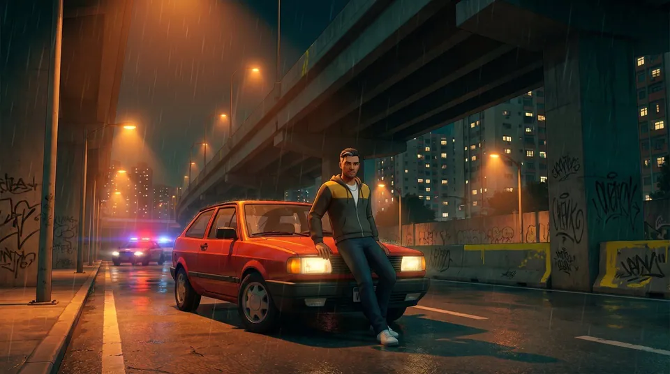 Arte-chave de VULGO: Neblina encostado em um carro vermelho sob um viaduto, numa noite de chuva, com uma viatura ao fundo.
