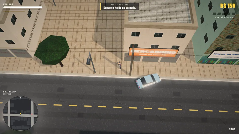 Rua do Centrão vista de cima, com o objetivo da missão, dinheiro e minimapa na tela.